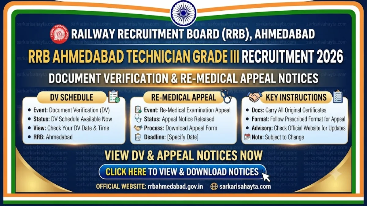 🚆 RRB Ahmedabad Technician Grade III Recruitment 2026 – Document Verification & Re-Medical Appeal Notices