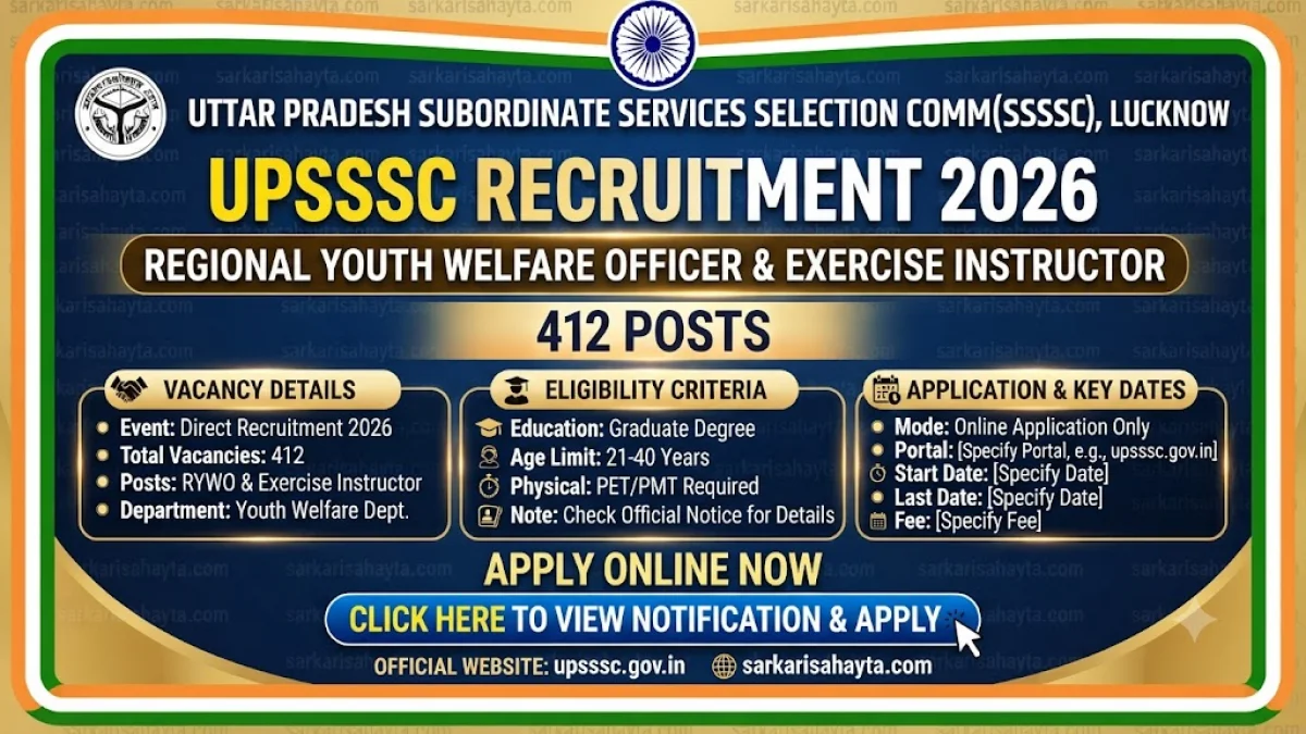 🏋️ UPSSSC Recruitment 2026 – Regional Youth Welfare Officer & Exercise Instructor (412 Posts)
