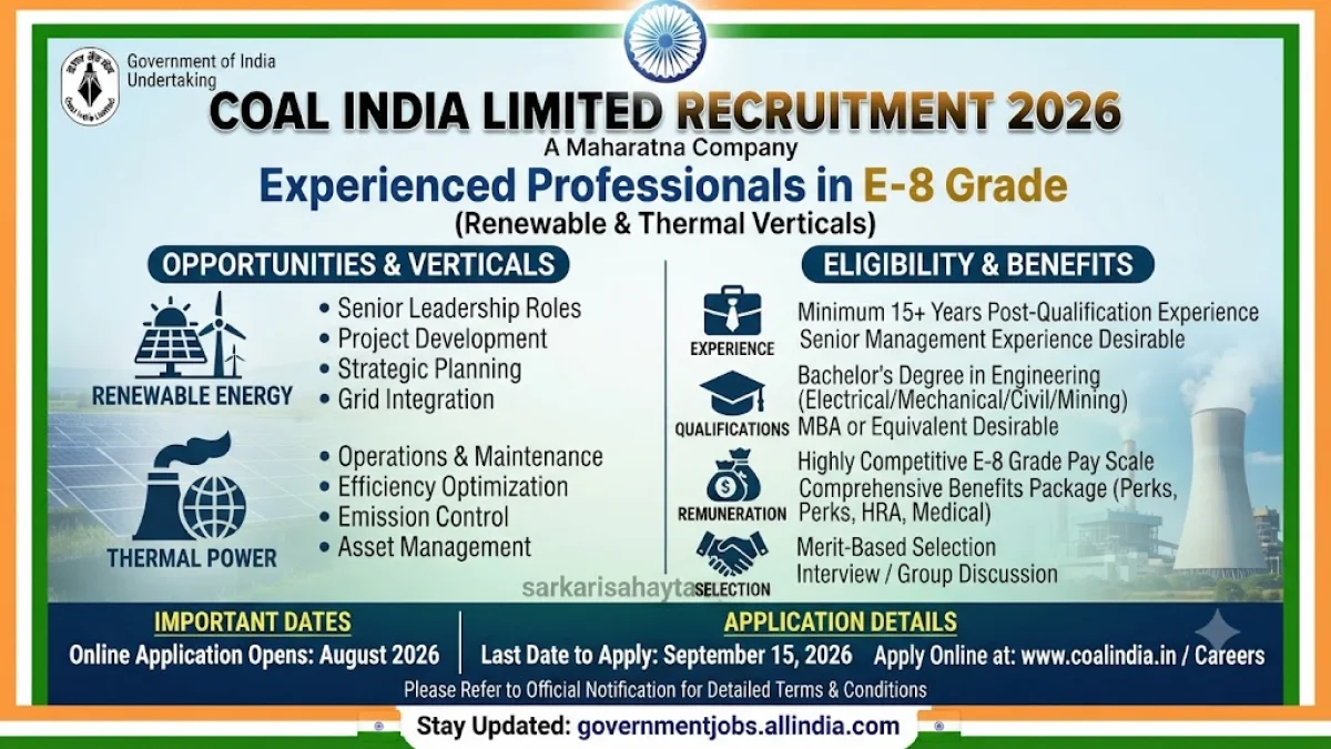 ⚡ Coal India Limited Recruitment 2026 – Experienced Professionals in E-8 Grade (Renewable & Thermal Verticals)