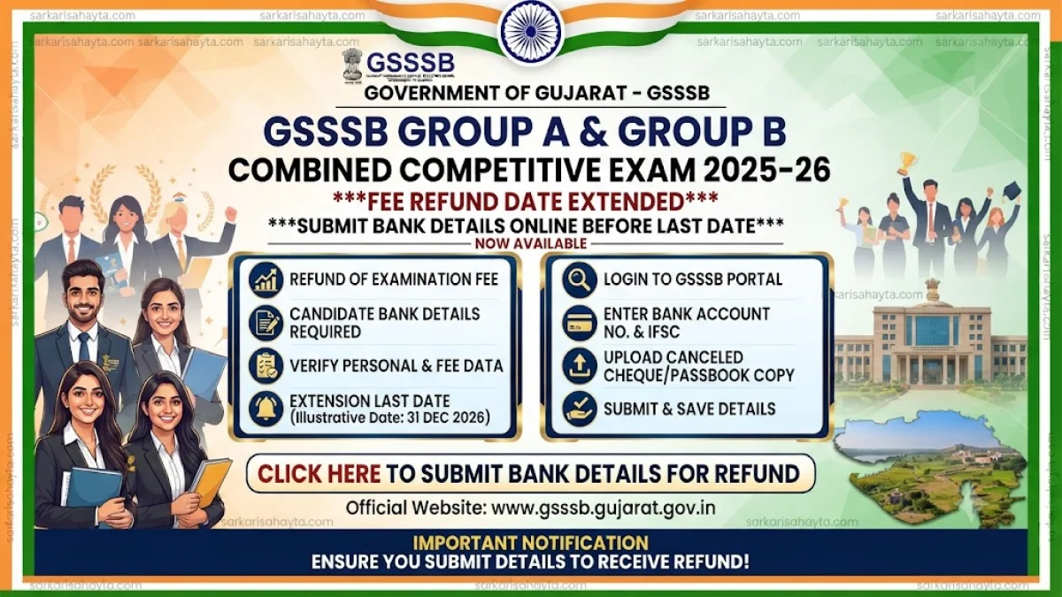 GSSSB Group A & Group B Combined Competitive Exam 2025-26 Fee Refund Date Extended: Submit Bank Details Online Before Last Date