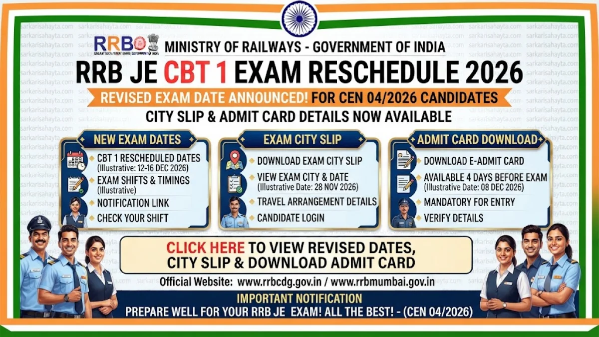 RRB JE CBT 1 Exam Rescheduled 2026: Revised Exam Date Announced for CEN 04/2026 Candidates, City Slip and Admit Card Details
